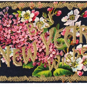 Lilas et fleurs, carte postale ancienne du Nouvel An, c1908