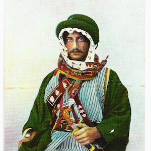 Può includere: Un uomo con un turbante a motivi verdi e bianchi e una veste verde. Sta tenendo un pugnale nella sua mano destra. Il testo "A Bedouin. Ein Bediuine. Un Bédouin." è stampato sotto l'immagine.