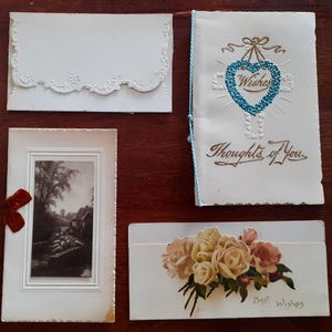 Wenskaarten Victoriaans tijdperk: antieke knutselspullen (set van 4, ca. 1890-1900)