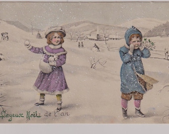 CHILDREN throwing SNOWBALLS, Winter Fashions, Antique Artist Postcard, V.K. Vienne, c1910