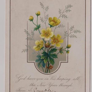 Victoriaanse nieuwjaarskaart voor kunstenaars: gele winterakonieten bloemengroetkaart/schroot, jaren 1890