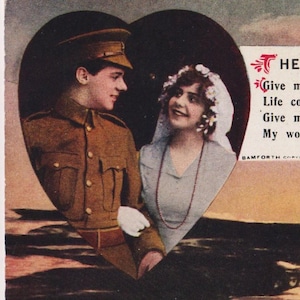 Antike WW1 britische BAMFORTH Songcard Postkarte, The SUNSHINE of your SMILE (2), Soldaten heiratet, Braut, Serie 5039