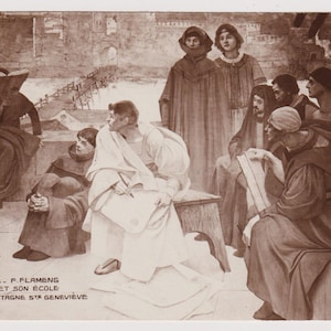 Carte postale d'artiste ancienne, vers 1910, Abélard et son école sur la montagne Sainte-Geneviève à Paris par François Flameng, A Noyer