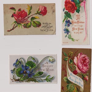 Biglietti d'auguri antichi di Capodanno vittoriani: set di ritagli floreali disegnati da artisti, collezione di effimeri del 1890