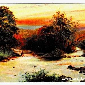 Carte postale ancienne d'artiste, WATERSMEET, LYNMOUTH, Devon, incroyable coucher de soleil, Hildesheimer, posté en 1910