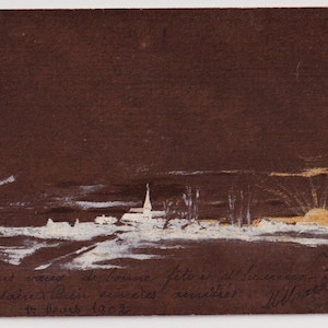 Joli matin d'hiver, église et paysage enneigé avec soleil levant, carte postale d'artiste ancienne, postée en 1902 de la Suisse