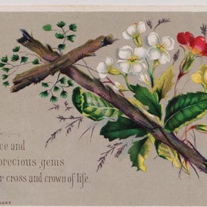 FIORI DI PRIMAVERA e CROCE, cartolina religiosa/materiale effimero dell'artista vittoriano, Raphael Tuck, c1885