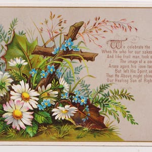 Gänseblümchen, Vergissmeinnicht und KREUZ, entzückende viktorianische Künstler religiöse Osterkarte / Ephemera, 1885