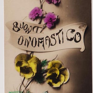 BUONO ONOMASTICO, fleurs, carte postale italienne ancienne avec photo réelle, message bavard d'un soldat britannique toujours en France en février 1919