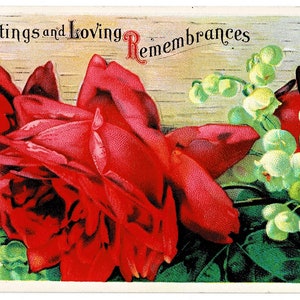Beautiful RED ROSES and Lilies of the Valley, Delightful Antique Artist Postcard, Greetings and Loving Remembrances, Dated 1916
