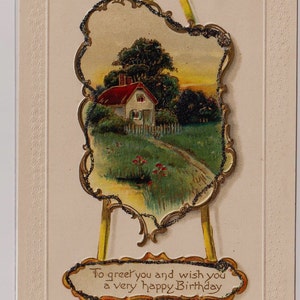 PAYSAGE rural, Cottage, Coucher de soleil, ANNIVERSAIRE, Carte postale ancienne en relief, Davidson Bros, 1908