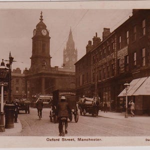 OXFORD STREET, MANCHESTER, Busy Street Scene, Antique Real Photo Postcard, Davidson Bros, Posted in 1911
