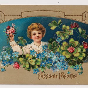 Kleines KIND mit Vergissmeinnicht und Kleeblatt, Frohe Pfingsten!, Antike Postkarte, EAS, Gesendet 1910 in Deutschland