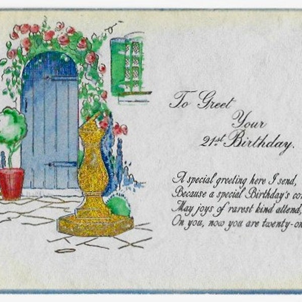 SUNDIAL, GARDEN, DOOR, Vintage Art Deco 21st Birthday Postcard, c1930