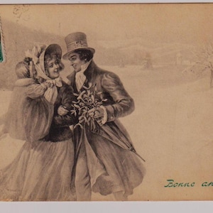 PAAR und KIND gehen in den Schnee, Winter Moden, Neujahr, Entzückende antike Künstler Postkarte, V K, Vienne, Gesendet 1909