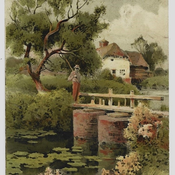 Man crosses Rustic Bridge, Near BINDON ABBEY, Dorset, Vintage Artist Postcard, Meissner and Buch, Posted in 1909