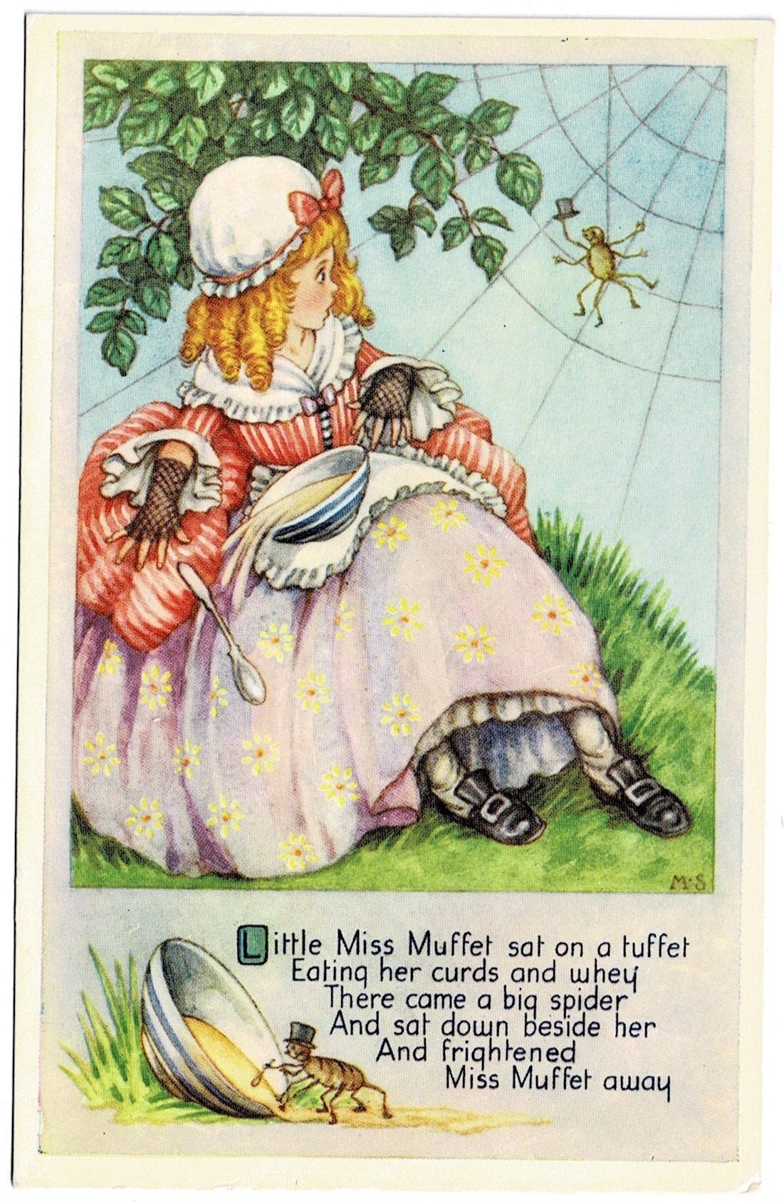 USAヴィンテージ♡ぽっちゃり三つ編みのLITTLE MISS MUFFET♪ LITTLE MISS MUFFET, Spider, Nursery Rhyme, Vintage Artist Postcard