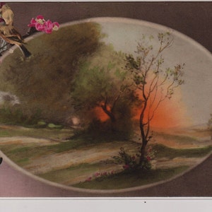 Beau paysage avec coucher de soleil, fleurs, petits oiseaux, ancienne carte postale française de la Première Guerre mondiale, Noyer, 1918, Longpré-les-Corps-Saints, France