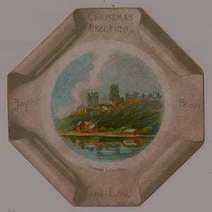 VICTORIAANSE antieke kerstkunstenaarskaart/schroot/efemere delen, DURHAM CATHEDRAL, 1890