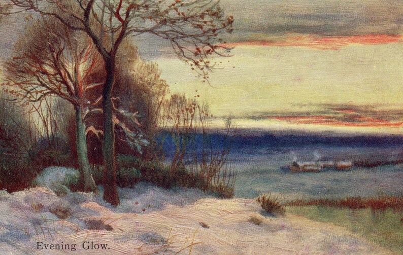 Evening Glow SNOWSCAPE WOODS C W Faulkner SUNSET Vintage Postcard