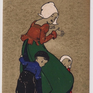 Carte postale d'artiste ancienne, MÈRE et ENFANTS néerlandais, effrayés par la souris !, c1905