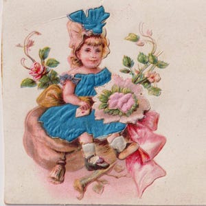 Victoriaans schroot, 1890-1900, MEISJE op kussen en bloemen, zijden applicatie, nieuwigheid, Chocolat Carpentier