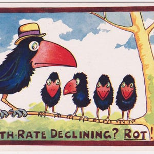 Cartolina d'epoca di un artista di fumetti della Prima Guerra Mondiale, Tasso di natalità in calo? MERDA!! Divertente UCCELLO con papà e bambini, serie Katchy, Inter Art #877