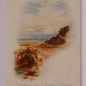 KUST, ROTSEN, ZEEWIER, antieke kunstenaarskerstkaart/schroot/ephemera, ca 1900