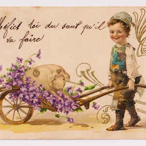 KIND met kar vol VIOOLTJES en VARKEN! Antieke Franse ansichtkaart met reliëf, geplaatst in 1904, Paillet, Lyon