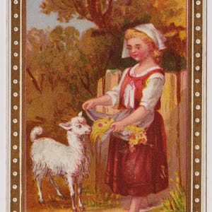 Viktorianische britische Neujahrsgruß-Karte / Scrap, süßes kleines MÄDCHEN und ZIEGE, c1890