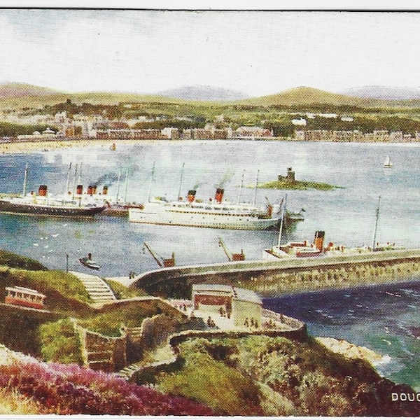 DOUGLAS BAY, Isle of Man, Steam SHIPS, Vintage Artist Postcard, c1930s, Brian Gerald, Valentines