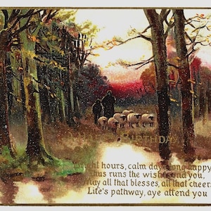 BERGERS, MOUTON et COUCHER DE SOLEIL, bois, ancienne carte postale d'anniversaire d'artiste, M. Morris, Tucks R6164, 1914