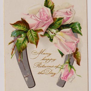 ROSE ROSA e FERRO DI CAVALLO, Artista: Agnes Steel, Antico biglietto di auguri di compleanno/scarti, c1900, Tucks