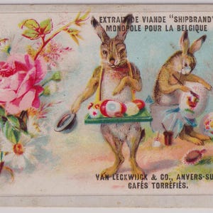 Victoriaanse handelsadvertentie kortstondig/schroot, ca. 1890, konijnen met eieren, rozen, Van Leckwijk & Co, Antwerpen, België