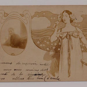 Donna GLAMOUROUS con tamburello, Art Nouveau, inserto di donna, cartolina fotografica francese antica, pubblicata nel 1902