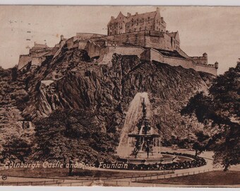 EDINBURGH CASTLE and Ross Fountain, SCOTLAND,  Antique Postcard, 1922