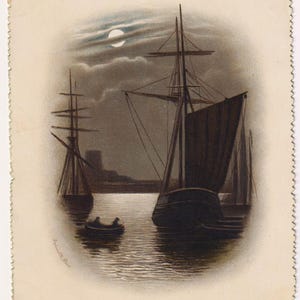 AVOND MET MAANVERLICHTING, ZEILBOTTEN, antieke kerstwenskaart kunstenaar, Julius M Price, Raphael Tuck & Sons, c1900
