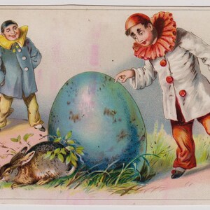 Victoriaanse Franse kortstondige/schroot, pierrots/clowns, eieren, konijn, jaren 1890