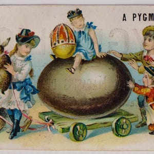 Victoriaanse handelsadvertentie Kortstondig/schroot, PYGMALION, Parijs, kinderen, eieren, konijn, jaren 1890