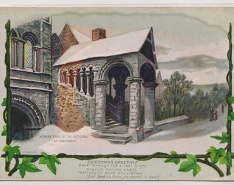 VICTORIAN Antique Christmas Artist Card/Scrap/Ephemera, CANTERBURY CATHEDRAL, Norman Stairs, c1890