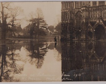 SALISBURY CATHEDRAL, FLOODED,  January, 1915,  Antique Real Photo Postcard, H C Messer