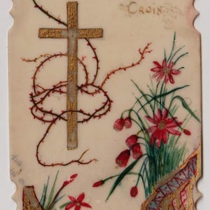 Tesori della Croce, bellissimi fiori dipinti a mano, celluloide, cartolina devozionale/di preghiera antica francese, circa 1920