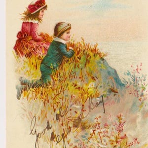 Antieke Victoriaanse kerstkaart, c1890, oud papier, CHILDREN on DUNES kijken uit op zee