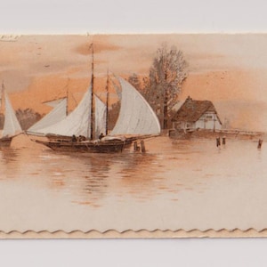 ZEILBOTTEN, RIVIER, Victoriaanse kerstartiest verjaardagskaart/schroot/ephemera, 1890, W Habgelberg