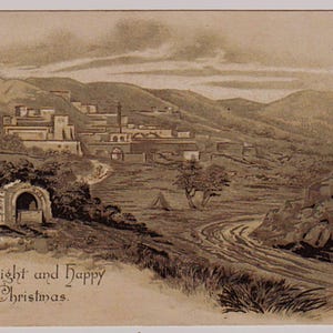 Antiek kortstondig/schroot/kaart, KERSTMIS, Heilig Land/JERUZALEM, jaren 1880