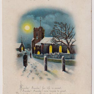 Biglietto d'auguri/ritagli di Natale vittoriano, bella CHIESA nella NEVE, fredda notte invernale, luna piena, anni 1880