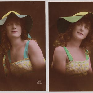 Donna GLAMOUROUS, cappello meraviglioso, moda, lotto di 2, cartoline francesi antiche con foto reali, anni '10 circa