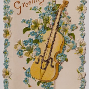 Victoriaanse 1890 antieke wenskaart/Ephemera, VIOOL en BLOEMEN, gestanst, glitter