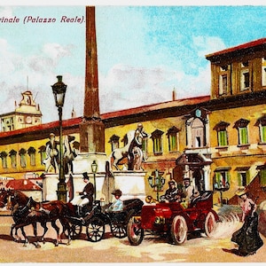 Carte postale ancienne d'artiste, c1910, ROMA/ROME, Quirinal (Palazzo Reale) Vieille voiture et chevaux et calèche, A Scrocchi, Milan