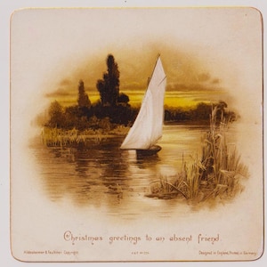 ZEILBOOT op rivier/Broads?, SUNSET, Victoriaanse kunstenaar kerstkaart/schroot/ephemera, jaren 1890, Hildesheimer & Faulkner
